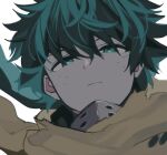  1boy aqua_eyes aqua_hair boku_no_hero_academia cape close-up closed_mouth eyebrows_hidden_by_hair floating_cape floating_clothes freckles frown green_hair hair_between_eyes highres looking_at_viewer makuro male_focus mask mask_around_neck midoriya_izuku mouth_mask narrowed_eyes official_alternate_costume portrait short_hair simple_background solo spoilers torn_cape torn_clothes white_background yellow_cape 