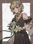  1girl bare_shoulders blonde_hair bouquet brown_dress citrinne_(fire_emblem) dress earrings feather_hair_ornament feathers fire_emblem fire_emblem_engage gold_choker gold_trim hair_ornament highres holding holding_bouquet hoop_earrings jewelry leather_wrist_straps lirara_0 mismatched_earrings red_eyes wing_hair_ornament 