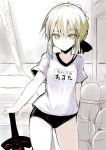  1girl artoria_pendragon_(fate) black_buruma black_ribbon blonde_hair braid breasts buruma excalibur_morgan_(fate) fate/stay_night fate_(series) french_braid gym_storeroom hair_bun hair_ribbon long_hair looking_at_viewer name_tag ribbon saber_alter sen_(astronomy) shirt short_sleeves sidelocks small_breasts solo sword translation_request weapon white_shirt yellow_eyes 