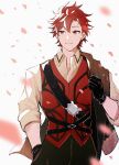  1boy black_gloves collared_shirt diamant_(fire_emblem) fire_emblem fire_emblem_engage gloves highres looking_to_the_side male_focus red_eyes red_hair red_vest shirt sleeves_rolled_up solo upper_body vest white_shirt yoi0763 