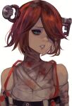  1girl a.b.a bags_under_eyes bandaged_chest bandaged_neck bandages bare_shoulders blood blood_on_bandages blood_on_clothes guilty_gear guilty_gear_xx hair_over_one_eye highres key_in_head levvellevvel looking_at_viewer object_through_head red_hair short_hair 