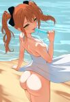  1girl ass beach breasts brown_hair d4dj dress food from_behind highres long_hair looking_at_viewer looking_back medium_breasts minted no_panties outdoors popsicle sand see-through_silhouette seto_rika solo standing sundress tongue tongue_out twintails water yellow_eyes 