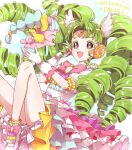  1girl :d ao_(ao0_0nemu) bad_id bad_twitter_id character_name colored_eyelashes commentary_request dress drill_hair falulu falulu_(awakened) forehead_jewel frilled_dress frills gloves green_hair happy_birthday headphones highres idol_clothes knees_up long_hair open_mouth parted_bangs pretty_series pripara shoes sidelocks sitting smile twintails unicorn_(pripara) very_long_hair white_dress white_footwear white_gloves wing_hair_ornament 