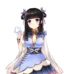  1girl black_hair blue_dress blue_sash blunt_bangs bracelet breasts bug butterfly china_dress chinese_clothes cleavage cleavage_cutout closed_mouth clothing_cutout cowboy_shot dot_nose dress game_cg hair_ornament hair_rings hand_up jewelry large_breasts long_sleeves looking_at_viewer master_of_eternity medium_hair nana_(master_of_eternity) non-web_source official_art purple_eyes sash simple_background smile solo straight-on straight_hair transparent_background 
