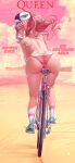  1girl album_cover_redraw ass azur_lane backboob beach bicycle bicycle_race breasts bremerton_(azur_lane) cloud day derivative_work english_commentary english_text floating_hair from_behind full_body green_footwear grey_hair grin hair_between_eyes hat heavy_cruiser highres kneepits large_breasts long_hair looking_at_viewer lucknight multicolored_hair no_mole outdoors pink_eyes pink_hair queen_(band) riding riding_bicycle shoes sidelocks smile sneakers socks solo streaked_hair teeth topless twintails two-tone_hair white_socks 
