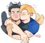  2boys afterimage animal_ears ao_isami arm_around_shoulder black_hair blonde_hair cat_boy cat_ears cat_tail couple cropped_torso dog_boy dog_ears dog_tail facial_hair highres hug kemonomimi_mode kiss kissing_cheek lewis_smith loving_aura male_focus motion_lines multiple_boys sideburns_stubble stubble tail tail_wagging tata3_193 thick_eyebrows wide-eyed yaoi yuuki_bakuhatsu_bang_bravern 
