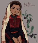  1930s_(style) 1girl black_dress black_eyes brown_hair dark-skinned_female dark_skin dress embroidery expressionless grey_background io_(onisarashi) long_sleeves looking_at_viewer olive olive_branch original palestine palestinian_clothes solo turtleneck veil 