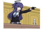  1girl ace_attorney black_gloves black_halo blue_archive blue_eyes blue_hair blue_necktie generic_33 gloves halo id_card necktie parody suit two_side_up yuuka_(blue_archive) 