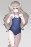  1girl blue_eyes blue_one-piece_swimsuit blush ender_lilies_quietus_of_the_knights flat_chest grey_hair hair_ornament highres jewelry lily_(ender_lilies) long_hair looking_at_viewer necklace one-piece_swimsuit pendant ramuya_(lamb) smile solo swimsuit thigh_gap 
