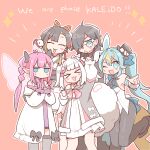  &gt;_&lt; 5girls ahoge animal_ears ayase_yuu black_hair black_pantyhose blonde_hair blue_eyes blue_hair braid dog_ears dog_girl fairy_wings fake_animal_ears gram_pico grey_jacket hair_over_one_eye hat heart heart_ahoge high_ponytail highres jacket japanese_clothes kaminari_clara kannagi_loki kimono kokoromo_memory leotard long_hair long_sleeves looking_at_viewer mini_hat multicolored_hair multiple_girls one_eye_closed orange_background pantyhose phase_connect phase_kaleido pink_hair playboy_bunny pointy_ears rabbit_ears round_eyewear simple_background sparkle streaked_hair t705gp tilted_headwear twin_braids virtual_youtuber white_hair white_jacket white_kimono white_leotard wings 