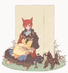  1boy alexander_(final_fantasy) alpha_(ff14) animal_ears cat_ears cloak crystal_exarch g&#039;raha_tia highres hood hooded_cloak looking_at_viewer male_focus material_growth omega_(final_fantasy) red_eyes red_hair sandals sitting solo tladpwl03 