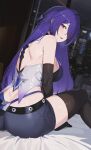 1girl absurdres acheron_(honkai:_star_rail) ass backless_outfit bare_back bare_shoulders black_gloves black_thighhighs breasts commentary elbow_gloves gloves highres honkai:_star_rail honkai_(series) large_breasts long_hair looking_at_viewer midriff nvl parted_lips purple_eyes purple_hair sitting solo thighhighs thighs very_long_hair 