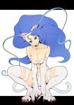  1girl animal_ears bare_shoulders between_legs big_hair breasts cat_ears cat_girl cat_tail closed_mouth collarbone felicia_(vampire) flat_color hand_between_legs head_tilt highres large_breasts long_hair looking_at_viewer midriff navel sjw_kazuya solo squatting tail tsurime vampire_(game) very_long_hair 