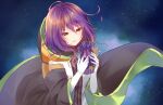  1girl closed_mouth gina_(gnosia) gloves gnosia hair_between_eyes heterochromia hood hoodie long_sleeves looking_at_viewer medium_hair purple_hair rocomani simple_background sitting smile solo wavy_hair white_gloves 