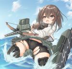  1girl bike_shorts black_shorts blue_sky bow_(weapon) breastplate brown_eyes brown_hair cloud commentary_request crossbow grey_skirt headband headgear kantai_collection kasashi_(kasasi008) machinery shorts shorts_under_skirt skirt sky solo splashing taihou_(kantai_collection) torn_clothes water weapon 