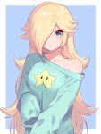  1girl absurdres alternate_costume blonde_hair blue_eyes blue_sweater hair_over_one_eye highres long_bangs long_hair long_sleeves mario_(series) parted_lips rosalina ryu160303 single_bare_shoulder sleeves_past_fingers sleeves_past_wrists solo super_star_(mario) sweater upper_body very_long_hair 