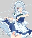  1girl ;) apron back_bow blue_eyes blue_skirt blue_vest bow braid closed_mouth clothes_lift collared_shirt commentary_request cowboy_shot frilled_apron frilled_skirt frills green_bow green_ribbon grey_background grey_hair hair_bow highres ichimura_kanata izayoi_sakuya knife lifted_by_self looking_at_viewer maid maid_headdress neck_ribbon one_eye_closed puffy_short_sleeves puffy_sleeves ribbon shirt short_sleeves sidelocks simple_background skirt skirt_lift smile solo thighs touhou tsurime twin_braids vest waist_apron white_apron white_bow white_shirt 