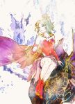  1girl abstract_background cape commentary detached_sleeves dress final_fantasy final_fantasy_vi full_body green_hair looking_to_the_side magitek_armor pantyhose red_dress red_footwear red_sleeves ruka_(blueplus84) short_dress solo strapless strapless_dress terra_branford white_background white_pantyhose 