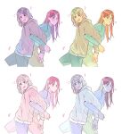  2girls ? absurdres back-to-back blue_eyes blue_shirt blush brown_eyes closed_mouth commentary_request drawstring flying_sweatdrops grey_hair grey_hoodie highres hood hoodie korean_commentary locked_arms long_hair long_sleeves looking_at_viewer love_live! love_live!_sunshine!! medium_hair motion_lines multiple_girls mumuir0315 open_mouth puff_of_air red_hair sakurauchi_riko shirt simple_background sweat sweatdrop watanabe_you white_background 
