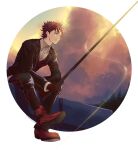  1boy absurdres black_pants diamant_(fire_emblem) fire_emblem fire_emblem_engage fishing_rod highres holding holding_fishing_rod male_focus official_alternate_costume outdoors pants red_eyes red_footwear red_hair umi_(_oneinchswing) 