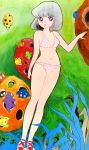  1970s_(style) abstract_background absurdres azuma_hideo bikini bob_cut breasts creature full_body grey_eyes grey_hair highres lizard long_legs medium_breasts navel non-web_source original pink_bikini red_footwear retro_artstyle scan smile swimsuit traditional_media 