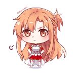  1girl :&lt; armor artist_name asuna_(sao) bare_shoulders braid breastplate brown_eyes chibi chibi_only closed_mouth commentary detached_sleeves dress french_braid frown full_body hair_between_eyes hands_on_own_hips highres huffing istriri light_blush long_hair looking_at_viewer orange_hair pleated_skirt red_skirt simple_background skirt solo standing sword_art_online thighhighs turtleneck turtleneck_dress twitter_username white_background white_dress white_sleeves white_thighhighs zettai_ryouiki 