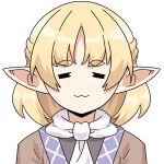  1girl :3 =_= black_shirt blonde_hair brown_shirt closed_eyes closed_mouth commentary elf english_commentary half_updo highres medium_bangs mizuhashi_parsee pointy_ears praeto scarf shirt short_hair simple_background smile solo sousou_no_frieren species_connection thick_eyebrows touhou undershirt upper_body white_background white_scarf 