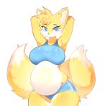 2_tails anthro belly big_belly big_breasts bittersyrup blonde_hair blue_eyes blush bottomwear breasts canid canine clothing crossgender female fox fur hair hi_res looking_at_viewer mammal miles_prower multi_tail navel pregnant sega shorts simple_background solo sonic_the_hedgehog_(series) tail topwear white_background white_body white_fur yellow_body yellow_fur