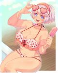  1girl absurdres ahoge aqua_eyes bikini blush breasts cleavage elphelt_valentine food food_print guilty_gear guilty_gear_strive hairband heart heart-shaped_eyewear highres holding holding_food holding_ice_cream holding_popsicle huge_ahoge ice_cream large_breasts looking_at_viewer melting navel open_mouth pink_hairband pink_shirt popsicle salute see-through see-through_shirt shirt short_hair sitting smile strawberry_print supacreamss swimsuit white_bikini white_hair 