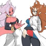  2girls android_21 ass black-framed_eyewear black_nails black_sclera black_tube_top blue_eyes breasts checkered_clothes checkered_dress choker cleavage closed_mouth colored_sclera colored_skin dragon_ball dragon_ball_fighterz dress dual_persona earrings glasses highres hoop_earrings jewelry lab_coat long_hair looking_at_viewer majin_android_21 medium_breasts multiple_girls pink_skin red_eyes simple_background smile strapless tail toshinoshin tube_top white_background yellow_choker 