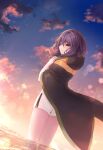  1girl brown_eyes gina_(gnosia) gloves gnosia h hair_between_eyes heterochromia highres hood hoodie long_sleeves medium_hair purple_hair rocomani smile solo sunset water wavy_hair white_gloves yellow_eyes 