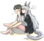  2girls absurdres ahoge animal_ears barefoot black_hair black_shirt blush closed_mouth commentary_request couple full_body grey_eyes grey_hair hand_on_another&#039;s_ear heart highres horse_ears horse_girl horse_tail hug hug_from_behind korean_commentary leg_wrap long_hair looking_at_another multicolored_hair multiple_girls oguri_cap_(umamusume) puff_of_air seung-aeja shirt short_sleeves simple_background sitting smile spoken_heart tail tail_wagging trainer_(umamusume) umamusume white_background white_hair 