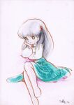  1980s_(style) 1girl azuma_hideo barefoot blouse brown_background expressionless full_body green_skirt grey_eyes grey_hair hair_ornament hairclip long_hair non-web_source original retro_artstyle scan shirt signature sitting skirt solo traditional_media watercolor_pencil_(medium) white_shirt 