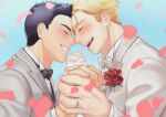 2boys ao_isami black_hair blonde_hair blush couple facial_hair flower forehead-to-forehead from_side happy heads_together highres holding_hands husband_and_husband jewelry lewis_smith male_focus multiple_boys noses_touching off_shoulder profile ring rose sideburns_stubble stubble suit thick_eyebrows wedding_ring yaoi yuuki_bakuhatsu_bang_bravern yuzuki_(hmr813k) 