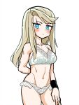  1girl berit_(eisu) black_wristband blonde_hair blue_eyes bra breasts eisu_(eith) highres large_breasts long_hair navel original panties scar scar_across_eye scar_on_face simple_background toned underwear white_background 