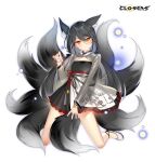  1girl alternate_hair_color animal_ear_fluff animal_ears ankle_bell black_dress black_footwear black_hair black_sleeves black_tail claw_pose cleavage_cutout closers clothing_cutout copyright_name dot_mouth dress expressionless fingernails flat_chest fox_ears fox_girl fox_tail full_body hand_up head_tilt highres kitsune kneeling kyuubi layered_dress light_particles logo long_fingernails long_hair long_sleeves looking_at_viewer low_twintails multiple_tails no_pupils official_art orange_eyes see-through see-through_sleeves solo tachi-e tail tina_(closers) twintails two-tone_dress white_background white_dress 