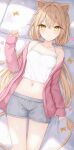  1girl absurdres ahoge animal_ears blonde_hair blush cc_lin crop_top grey_shorts highres lion_ears lion_tail long_hair lying navel on_bed pillow rurudo_lion shorts solo sweater tail very_long_hair yellow_eyes 