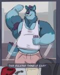 absurd_res anthro armpit_hair athletic_wear belly biceps big_muscles blue_body blue_fur body_hair bottomwear canid canine canis cellphone clothed clothing electronics english_text flexing flexing_bicep fur gym_bottomwear gym_shorts hair hi_res holding_object huge_muscles hyper hyper_muscles looking_at_viewer male mammal mirror mirror_reflection mirror_selfie musclegut muscular muscular_anthro muscular_male nipples overweight pecs phone purple_hair reflection selfie shirt shorts smartphone smile smiling_at_viewer smirk smirking_at_viewer solo standing tail tank_top tcw teeth text topwear weight_gain white_clothing white_shirt white_tank_top white_topwear wolf yukon