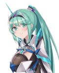  1girl bangs breasts chest_jewel earrings eyebrows_visible_through_hair green_eyes green_hair highres jewelry large_breasts long_hair long_ponytail pneuma_(xenoblade) ponytail sarasadou_dan simple_background smile solo swept_bangs tiara upper_body white_background xenoblade_chronicles_(series) xenoblade_chronicles_2 