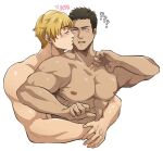  2boys ? ?? abs ao_isami bara black_hair blonde_hair blush couple cropped_torso facial_hair from_side hal_(harenchiou) kiss kissing_cheek large_pectorals lewis_smith male_focus multiple_boys nipples nude pectorals profile sideburns_stubble stubble thick_eyebrows translation_request yaoi yuuki_bakuhatsu_bang_bravern 