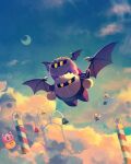  artist_name bat_wings blue_sky bronto_burt character_request check_character cloud crescent_moon flying gloves highres kirby kirby_(series) kracko looking_up mask meta_knight moon on_person revision sky star_(sky) starry_sky suyasuyabi twitter_username ufo_(kirby) waddle_dee wings yellow_eyes 