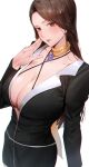  1girl absurdres ace_attorney black_jacket black_skirt black_suit blush breasts brown_eyes brown_hair cleavage collarbone highres jacket large_breasts long_hair long_sleeves looking_at_viewer magatama mia_fey pencil_skirt rororo scarf skirt smile solo suit yellow_scarf 