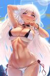  1girl absurdres algerie_(azur_lane) algerie_(white_sand_paradise)_(azur_lane) azur_lane bikini black_bikini blue_sky blush breasts commentary_request commission day drill_hair drill_sidelocks hand_in_own_hair highres large_breasts long_hair mole mole_under_eye nail_polish navel official_alternate_costume outdoors pixiv_commission purple_eyes red_nails sidelocks skindentation sky solo summer swimsuit takumi_nosiro tan thigh_gap twin_drills two-tone_bikini very_long_hair wet white_bikini 