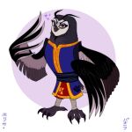 anthro avian bird black_body black_feathers blue_eyes claws clothed clothing dreamworks eyeshadow feathers female fenghuang_(kung_fu_panda) hi_res kabuki-aku kung_fu_panda makeup owl simple_background solo toe_claws