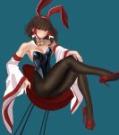  1girl absurdres black_leotard black_pantyhose blue_background breasts brown_hair cleavage detached_sleeves hair_tubes hakurei_reimu high_heels highres leotard nezo pantyhose playboy_bunny red_footwear short_hair sidelocks simple_background solo touhou 