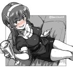  1girl ashigara_(kantai_collection) bangs blush breasts cup eyebrows_visible_through_hair fang from_above greyscale hairband highres holding holding_cup kantai_collection large_breasts long_hair monochrome nose_blush omuraashu open_mouth pencil_skirt sidelocks sitting skirt solo spot_color twitter_username uniform 