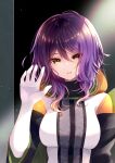  1girl closed_mouth gina_(gnosia) gloves gnosia hair_between_eyes heterochromia hood hoodie long_sleeves looking_at_viewer medium_hair purple_hair rocomani simple_background sitting smile solo wavy_hair white_gloves 