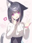  1girl animal_ear_fluff animal_ears black_hair black_skirt bow braid camera cat_ears cat_girl cat_tail commentary_request hair_bow hair_ornament hairclip hand_mirror hands_up head_tilt heart high-waist_skirt highres iku_kurumi keyboard_(computer) long_sleeves looking_at_viewer mask mask_pull mirror mofu-mofu_after_school mofumofu_channel mouth_mask p19 pink_background puffy_long_sleeves puffy_sleeves pulled_by_self purple_eyes shirt simple_background skirt solo spoken_heart tail unaligned_ears upper_body white_bow white_shirt 