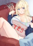  1girl :p aizawa_ema aoibajiru armchair babydoll blonde_hair blue_babydoll blue_eyes blue_hair blue_shirt blunt_bangs bottomless breasts chair gradient_hair hair_flaps highres large_breasts long_hair looking_at_viewer lying multicolored_hair no on_back open_clothes open_shirt pillow shirt single_bare_shoulder solo thighs tongue tongue_out virtual_youtuber vspo! yes yes-no_pillow 