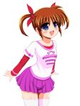  1girl brown_hair casual commentary cowboy_shot hair_ribbon layered_sleeves long_sleeves looking_at_viewer lyrical_nanoha mahou_shoujo_lyrical_nanoha miniskirt open_mouth pleated_skirt purple_eyes purple_skirt red_ribbon red_shirt ribbon shirt short_hair short_over_long_sleeves short_sleeves simple_background skirt smile solo standing t-shirt takamachi_nanoha thighhighs twintails white_background white_shirt white_thighhighs yaeba 